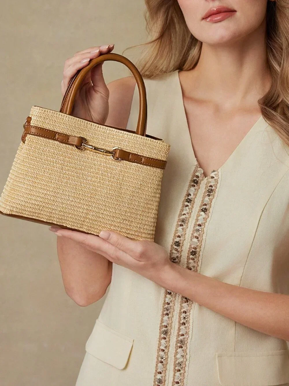 Khaki Elegant Women's Premium faux leather Contrast Trim Top Handle Office Tote - Picture 2 of 8